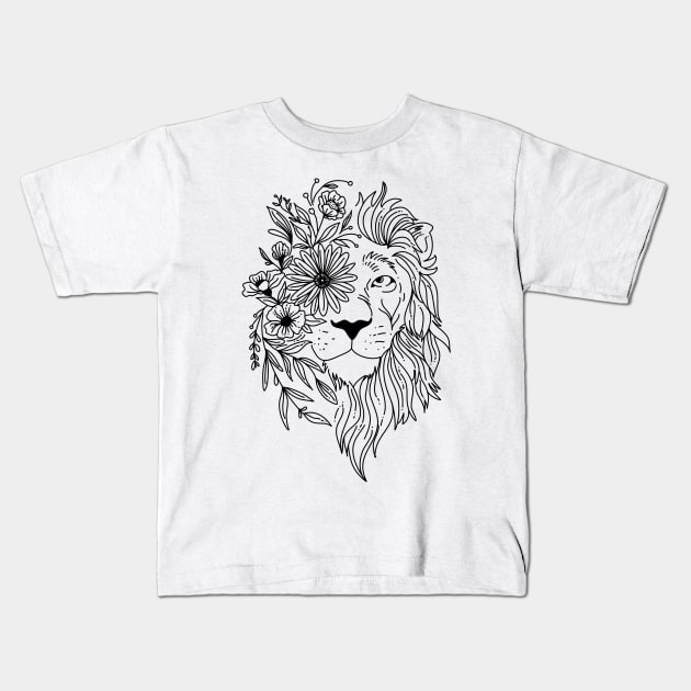 Lion head sketch with flowers in his mane Kids T-Shirt by Arch4Design